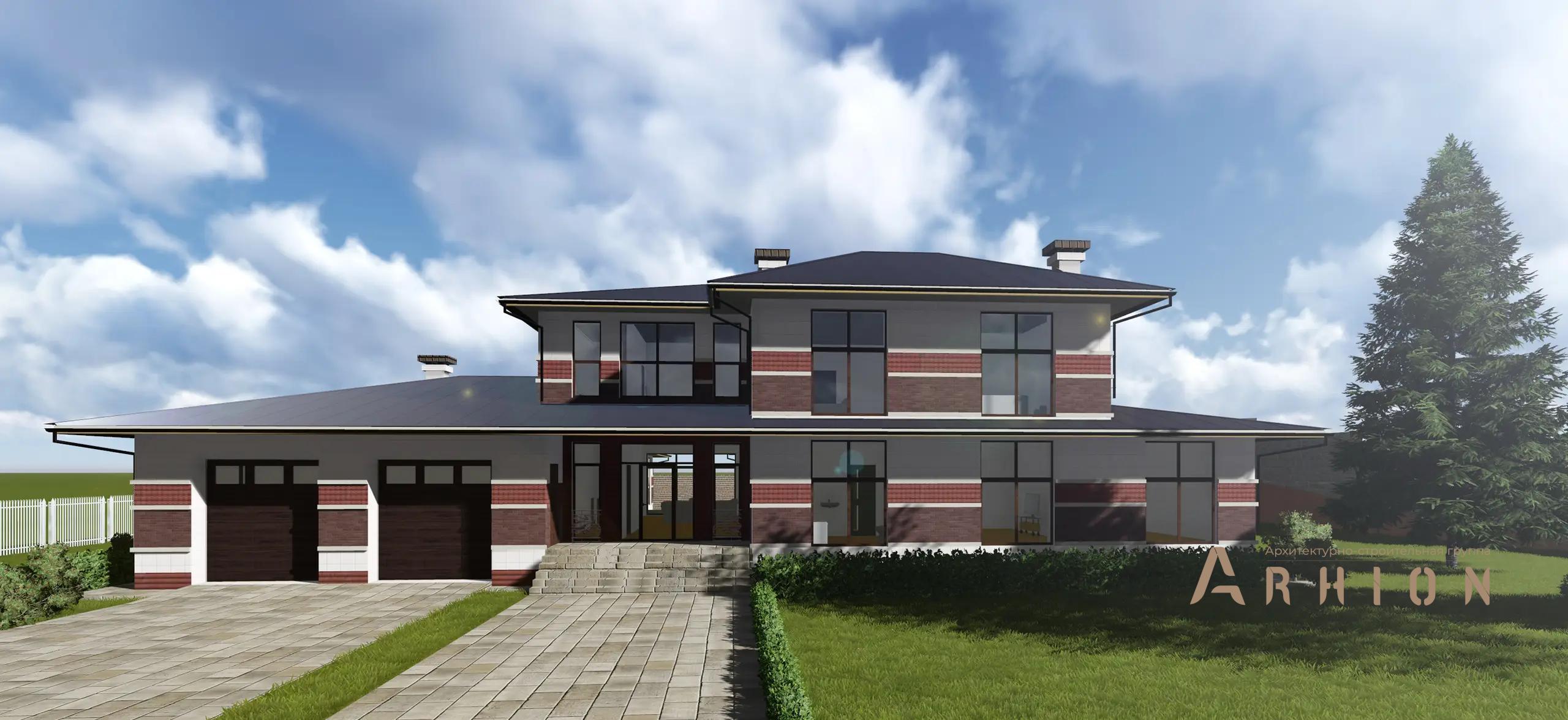 7. Проект двухэтажного дома в стиле Ллойда Райта (прерий) с многоскатной кровлей, H-1136, площадью - 493 кв c сауной, терассой, гаражом, бассейном